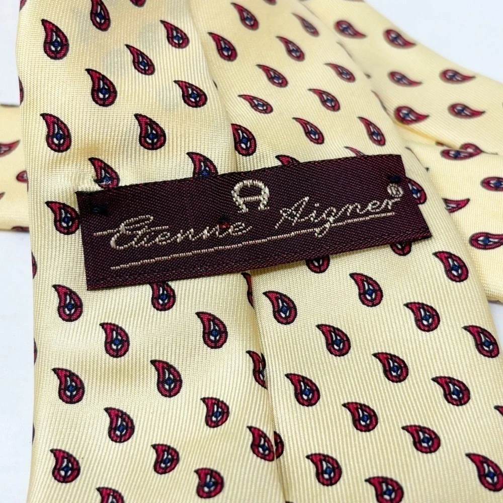 Vintage ETIENNE AIGNER Men’s Yellow Red Paisley Print Silk Neck Tie Italy 59”